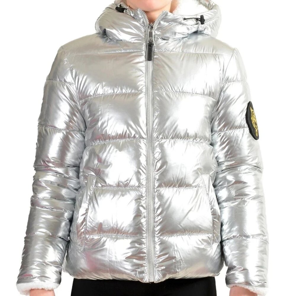 Plein Sport Women's Silver Reversible Sherpa Logo Print Parka Jacket US L IT 44